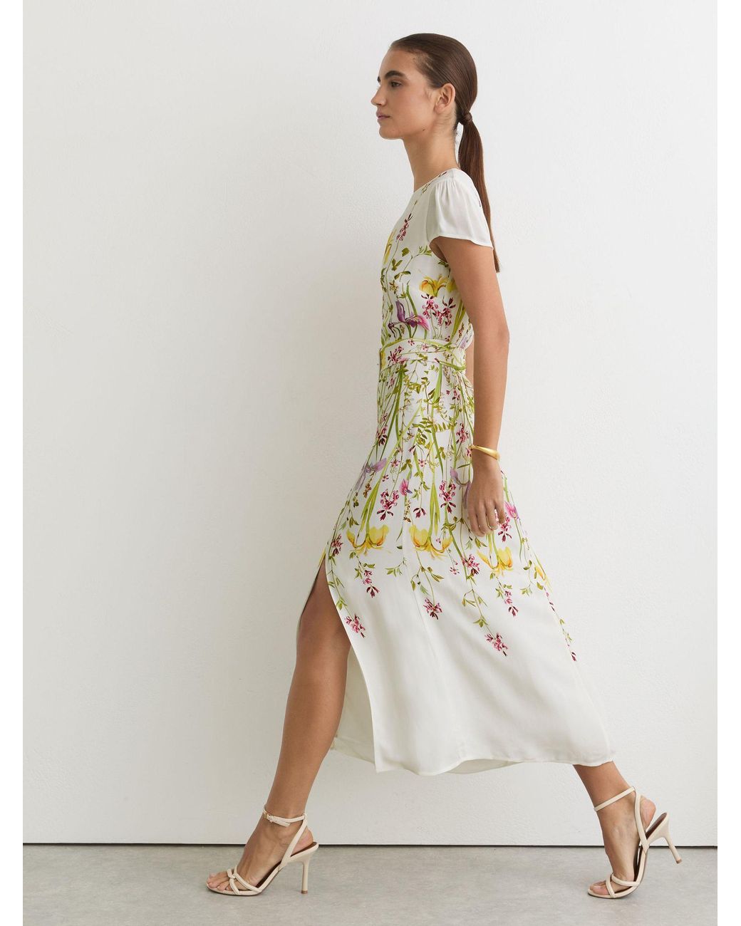 Reiss Natural Cream & Floral-Print Belted Midi Dress