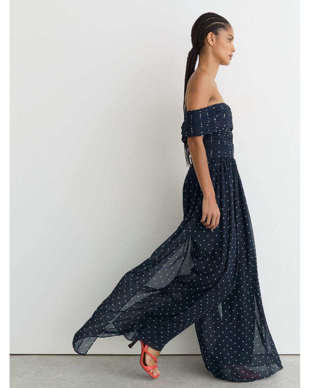 Reiss Blue Polka-Dot Bardot Wide-Leg Jumpsuit
