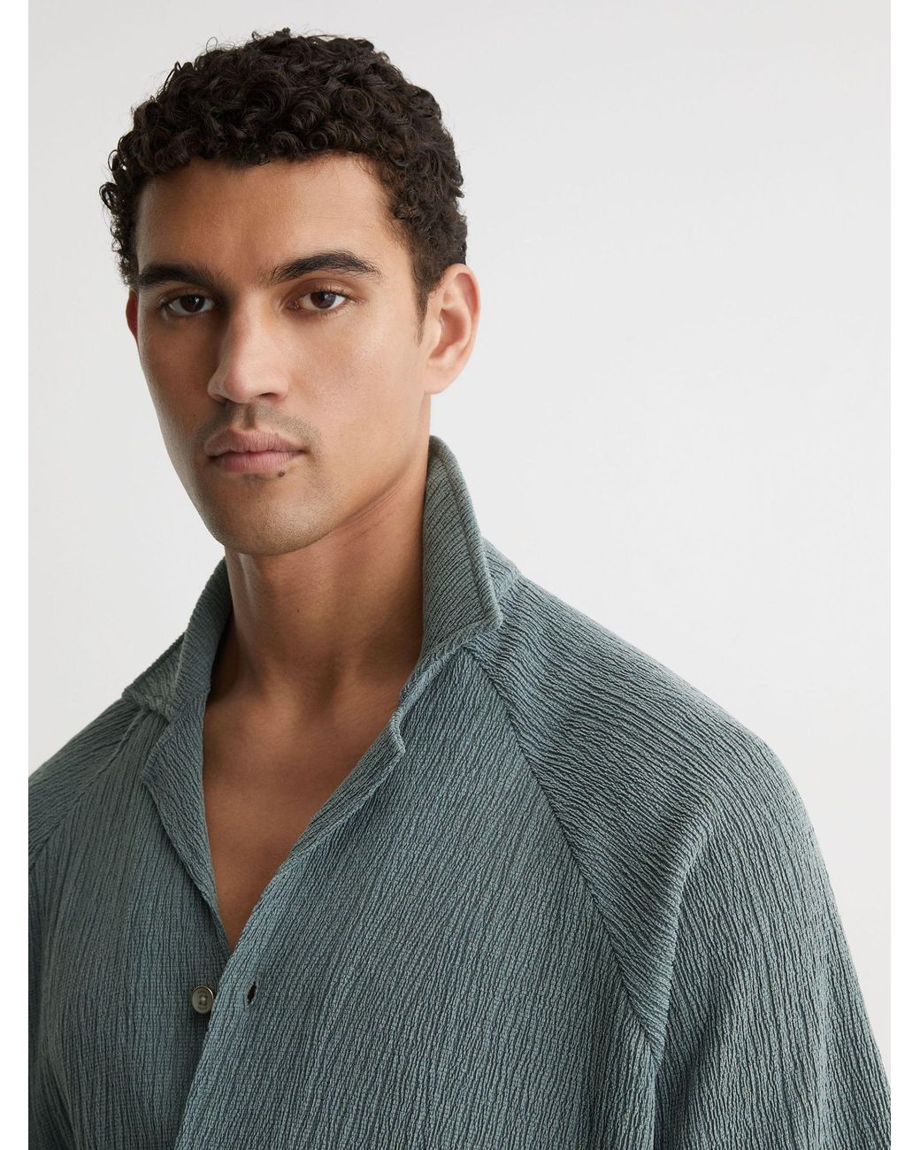 Reiss Blue Knox Textured Raglan Cuban-Collar Shirt for men