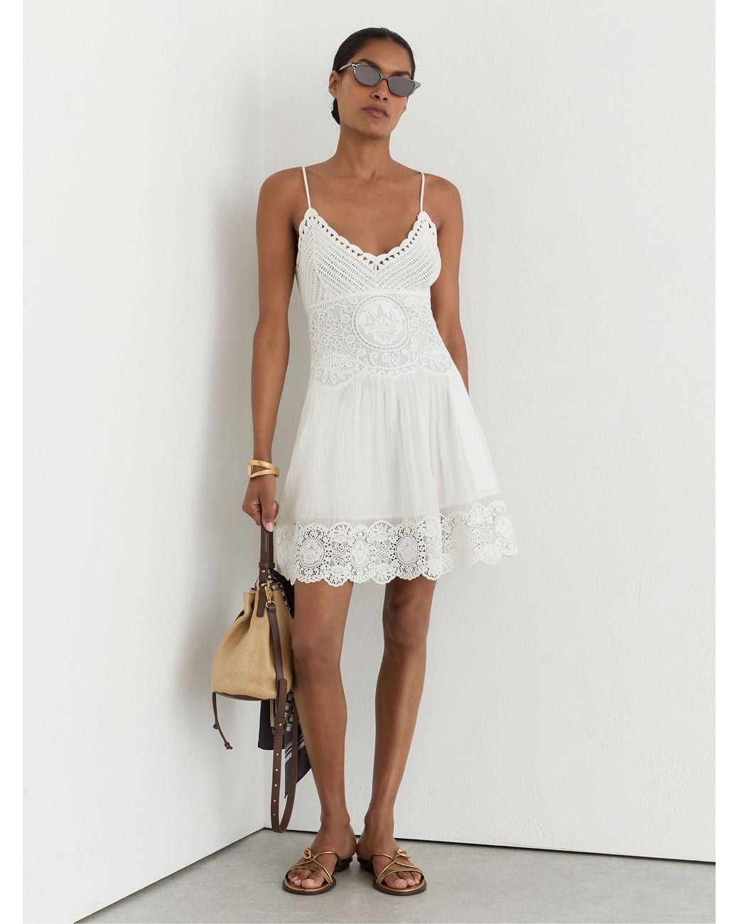 Reiss White Cotton-Blend Lace-Trim Flippy Dress