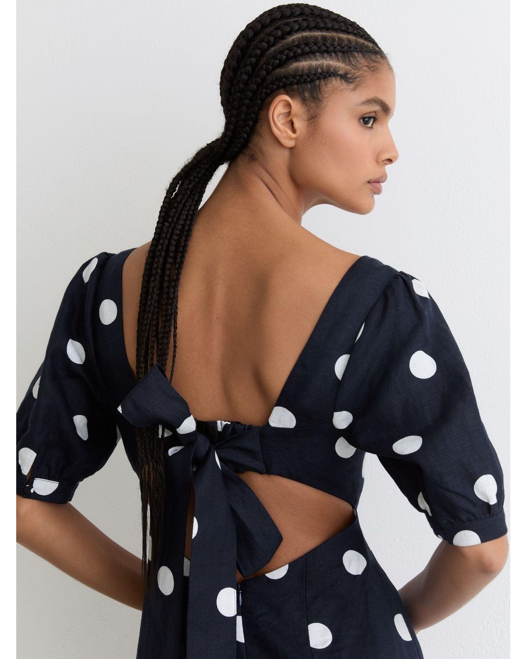 Reiss Blue Astrid Puff-Sleeve Polka-Dot Linen Midi Dress