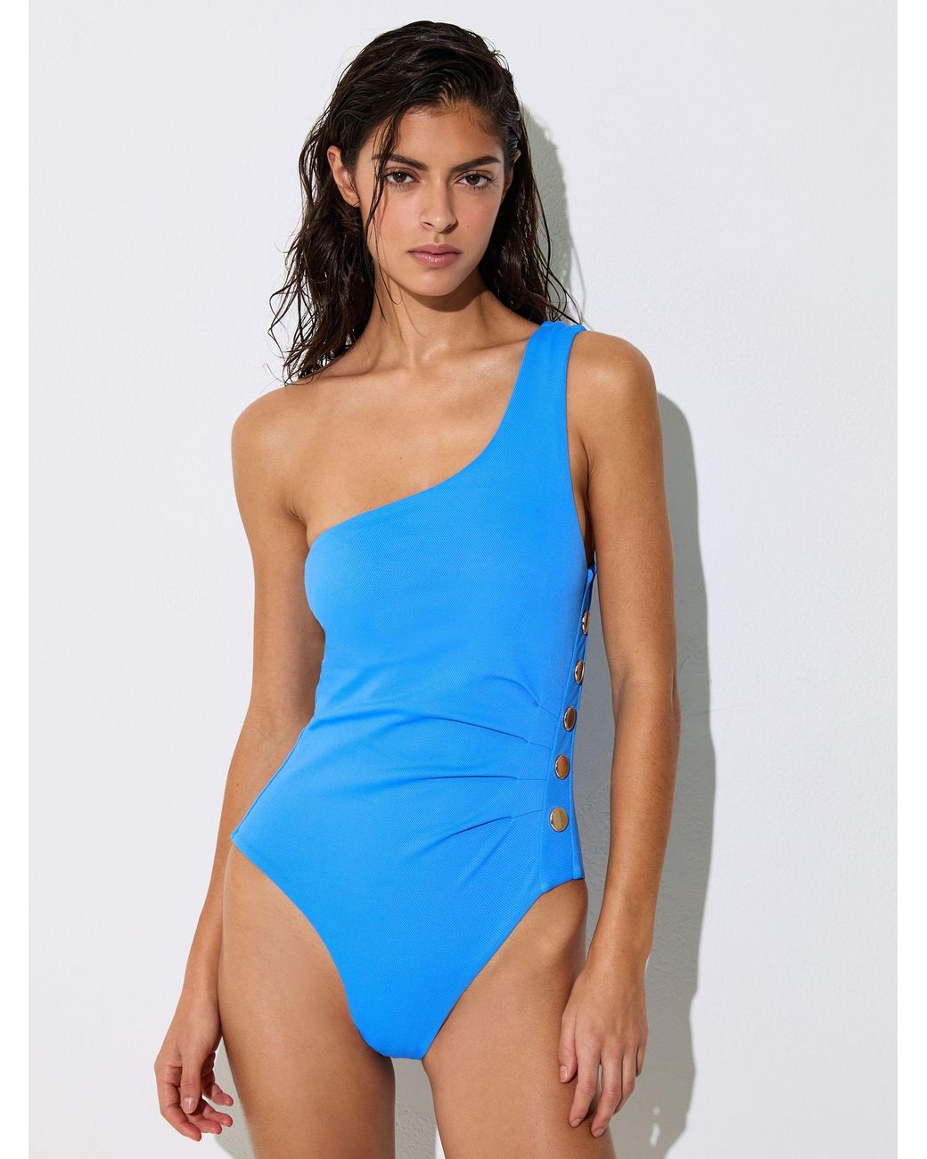 Reiss Palma - Blue One-shoulder Button-detail Swimsuit, Us 0
