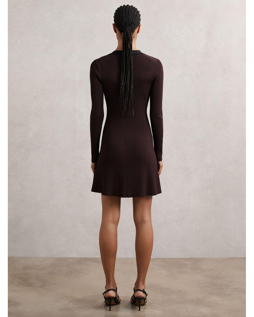 Reiss Black Burgundy & Craft-Stitch Rib-Knit Mini Dress