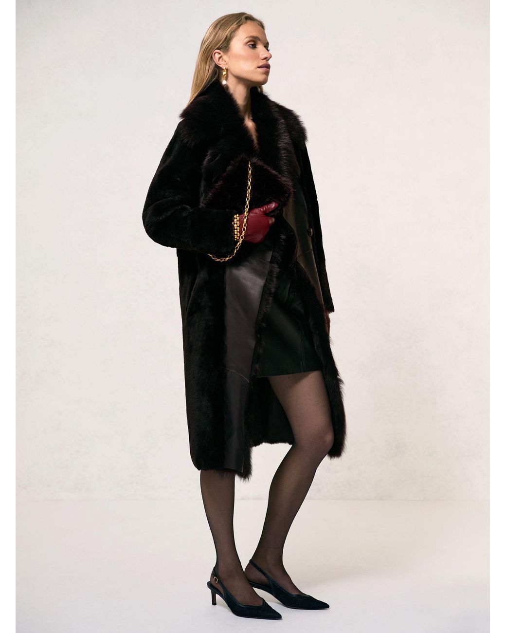 Reiss Black Shearling And Leather Coat