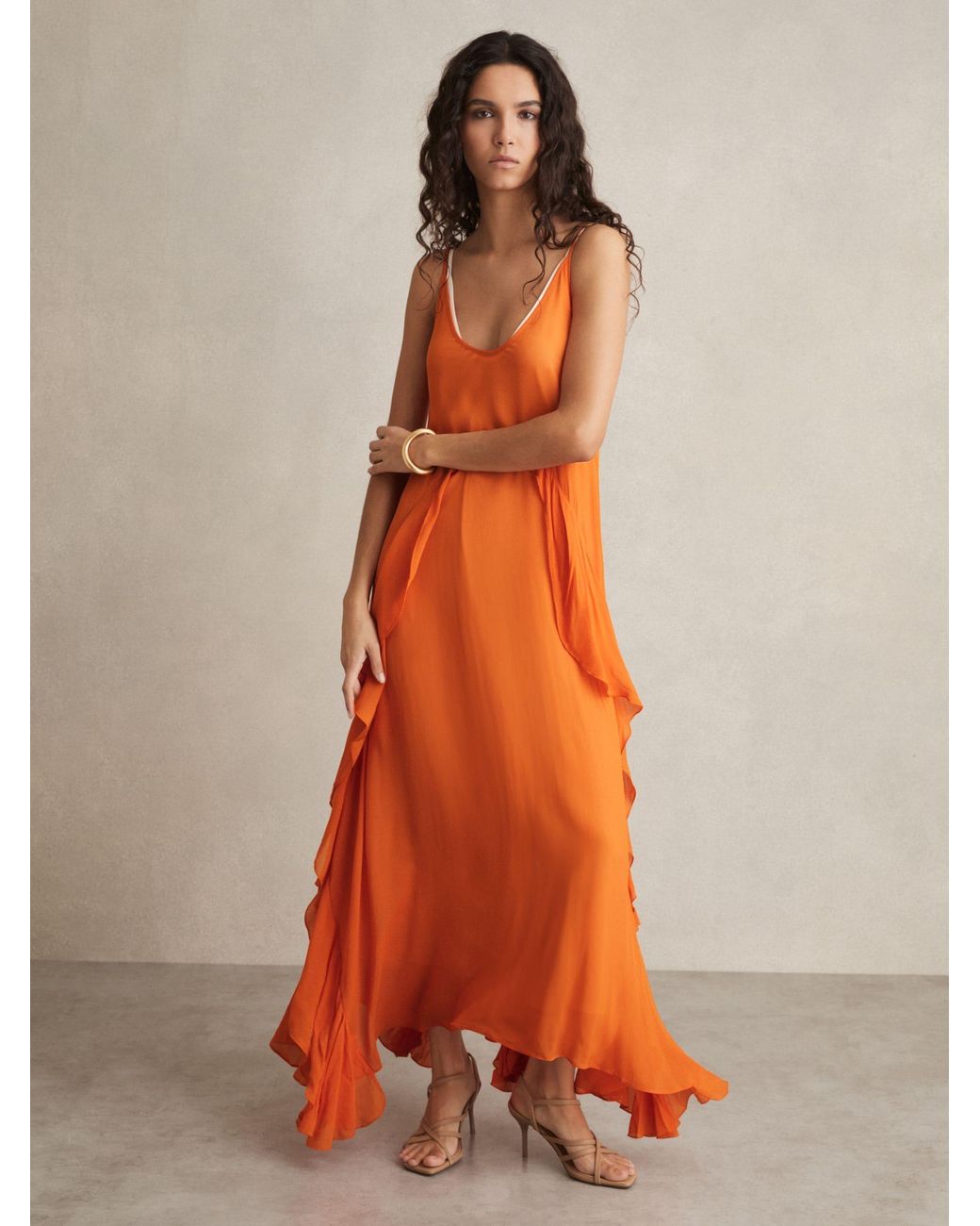 Reiss Eden - Orange Ruffle Detail Maxi Dress, Us 4