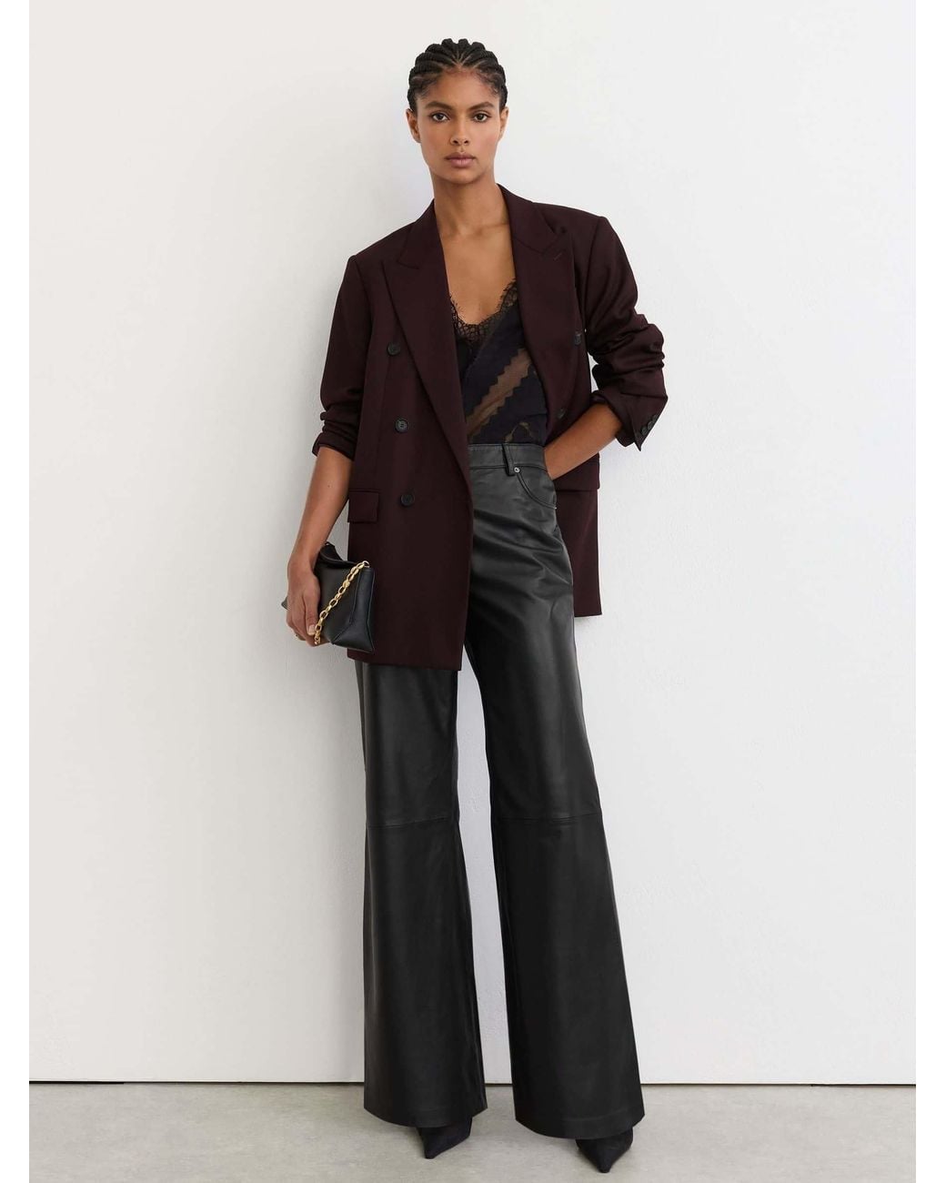 Reiss Black Leather High-Rise Wide-Leg Trousers