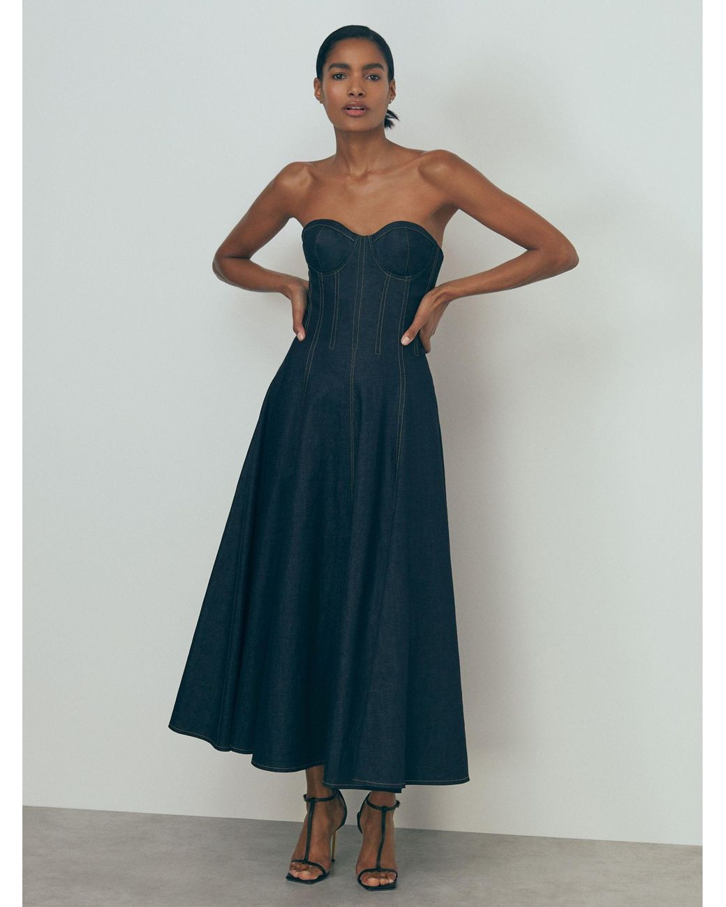 Reiss Blue Strapless Structured Denim Midi Dress