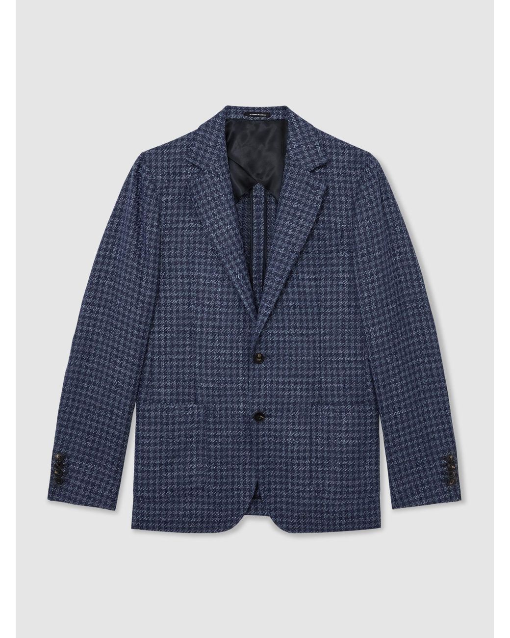 Reiss Blue Wool-Blend Single-Breasted Check Blazer With Linen for men