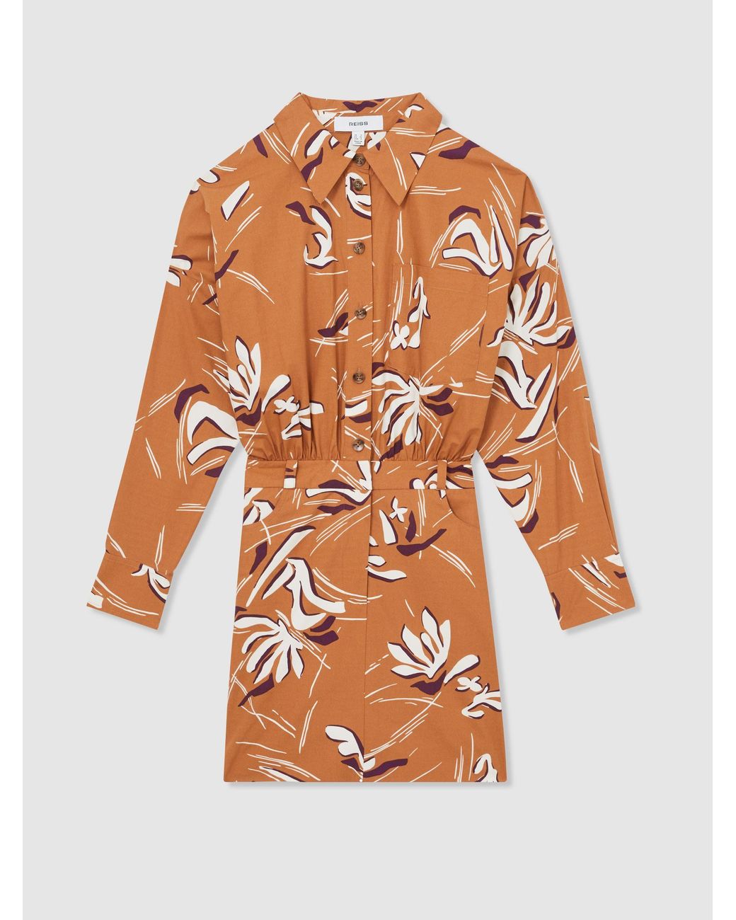 Reiss Brown Valia - Rust Cotton Printed Shirt Dress, Us 0