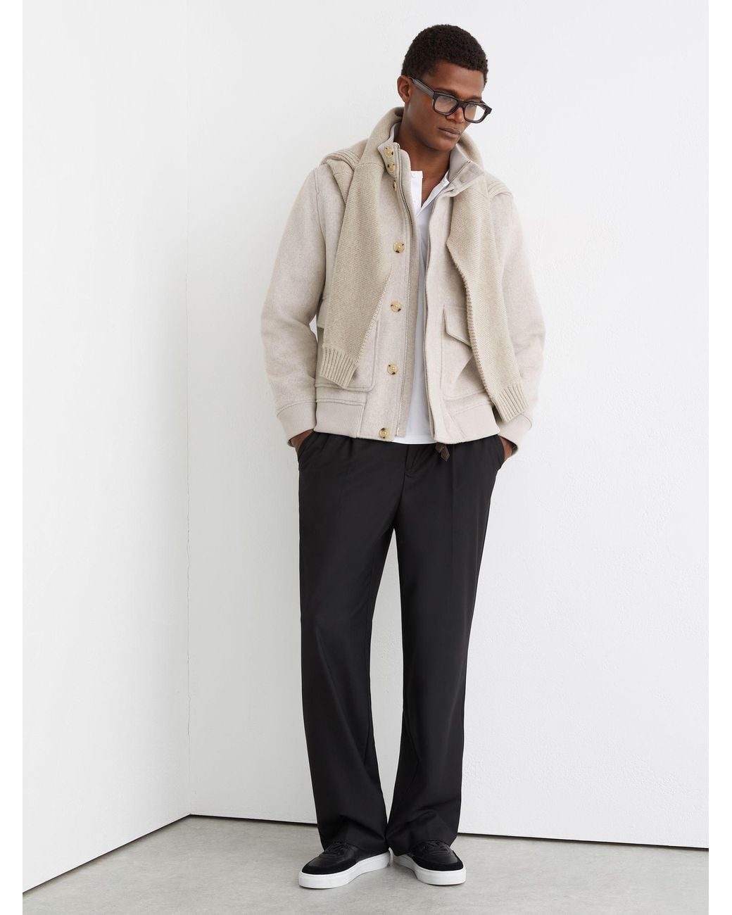 Reiss White Wool-Blend Funnel-Neck Bomber Jacket for men