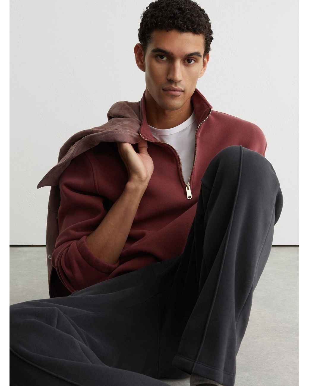 Reiss Brown Cotton-Blend Washed Half-Zip Sweatshirt for men