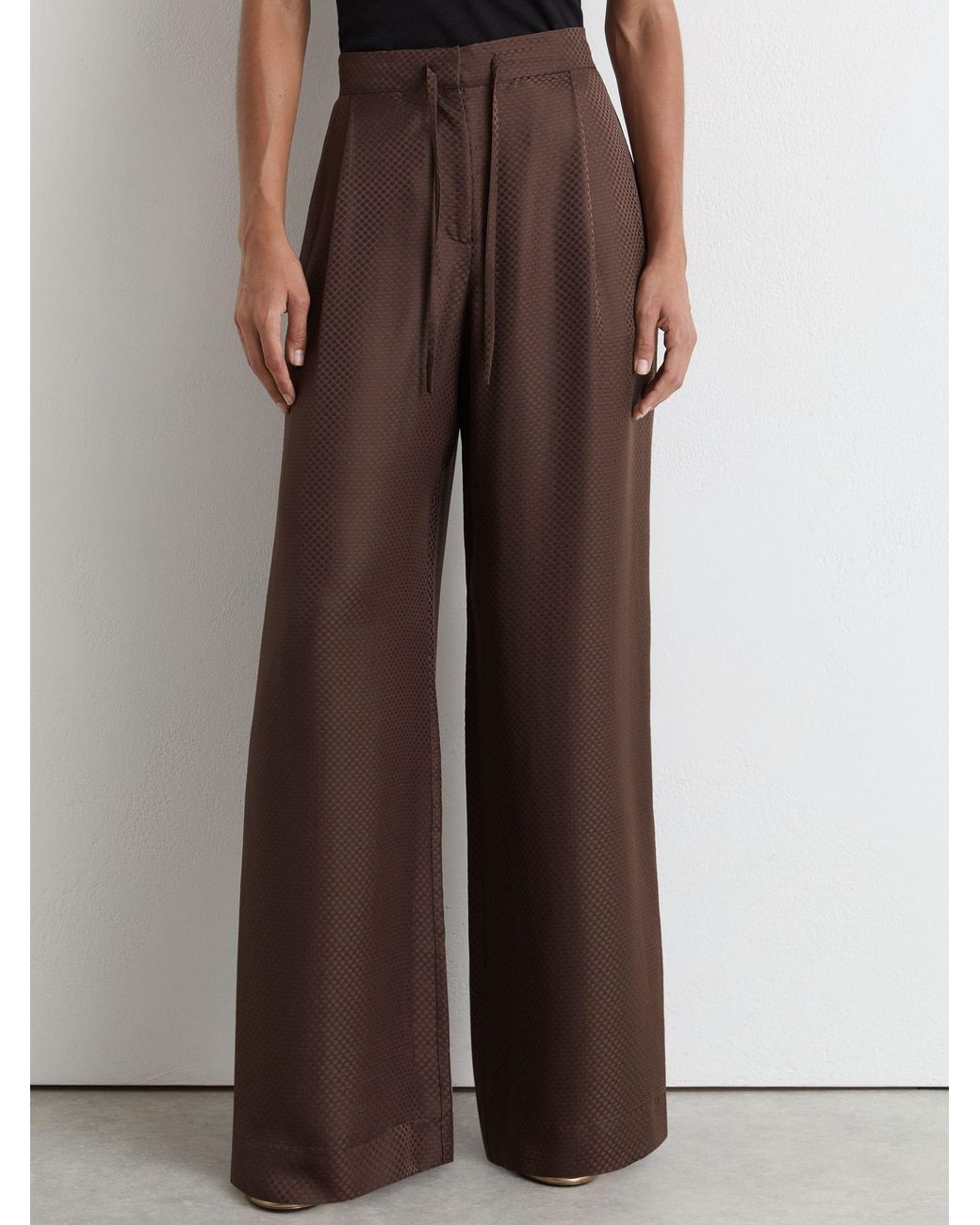 Reiss Aliana - Mocha Brown Silk Jacquard Wide-leg Trousers, Us 4 Regular
