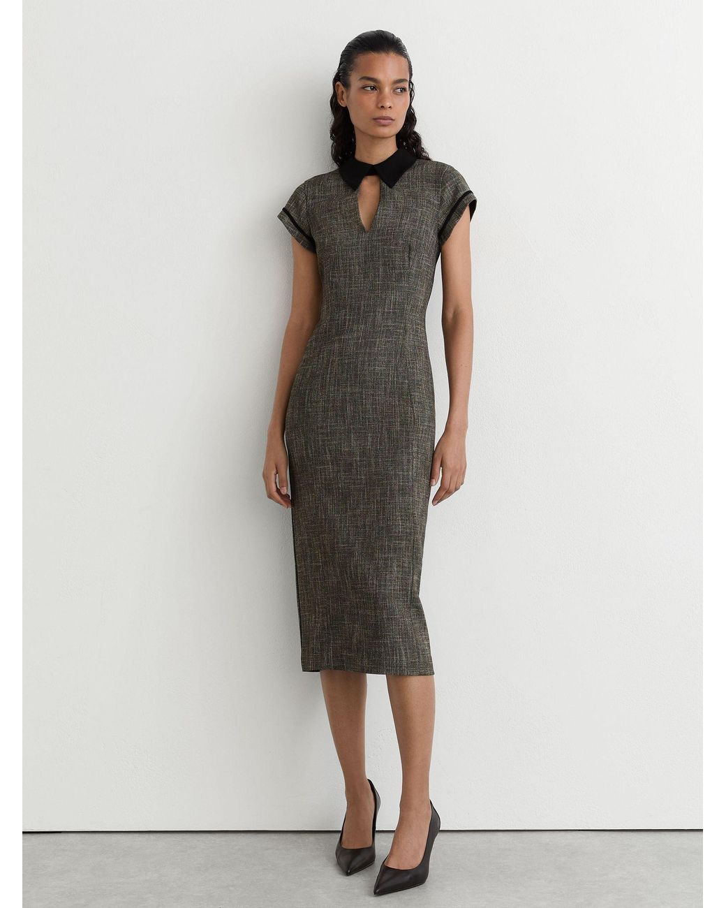Reiss Gray Collared Fitted Midi Dress