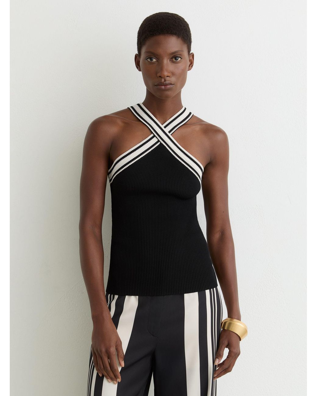 Reiss White Contrast-Neckline Rib-Knit Top