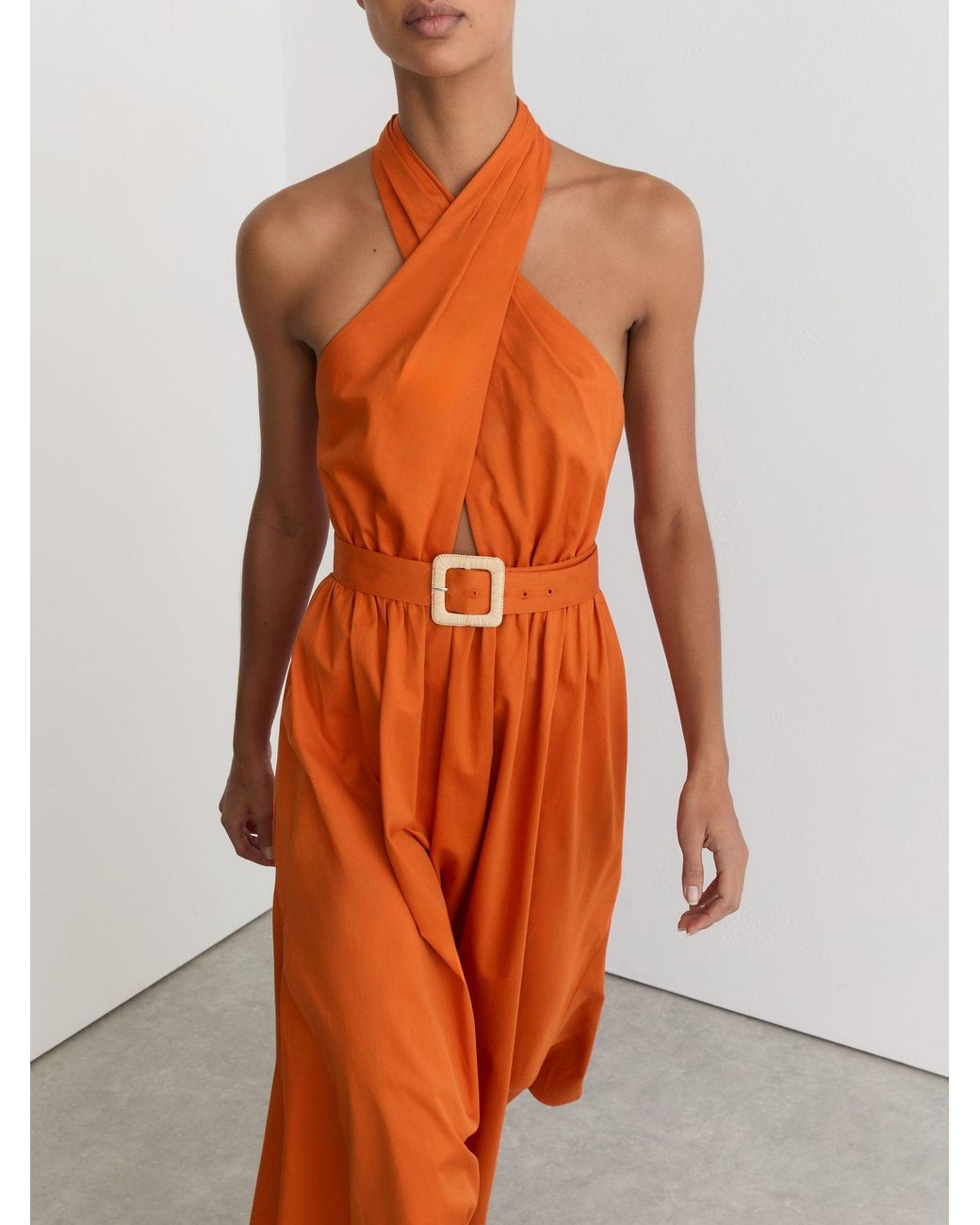 Reiss Rowe - Orange Cotton Halterneck Belted Midi Dress, Us 12