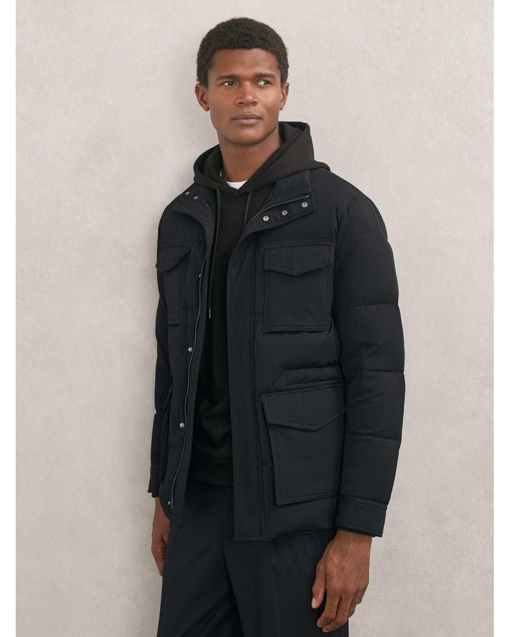 Reiss Black Quilted Four-Pocket Puffer Jacket for men