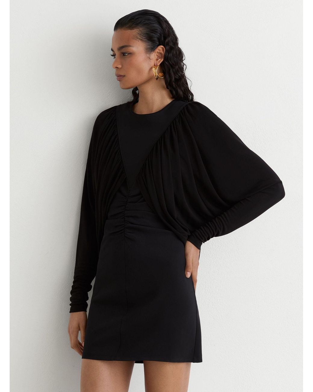 Reiss Black Draped Jersey Ruched Mini Dress