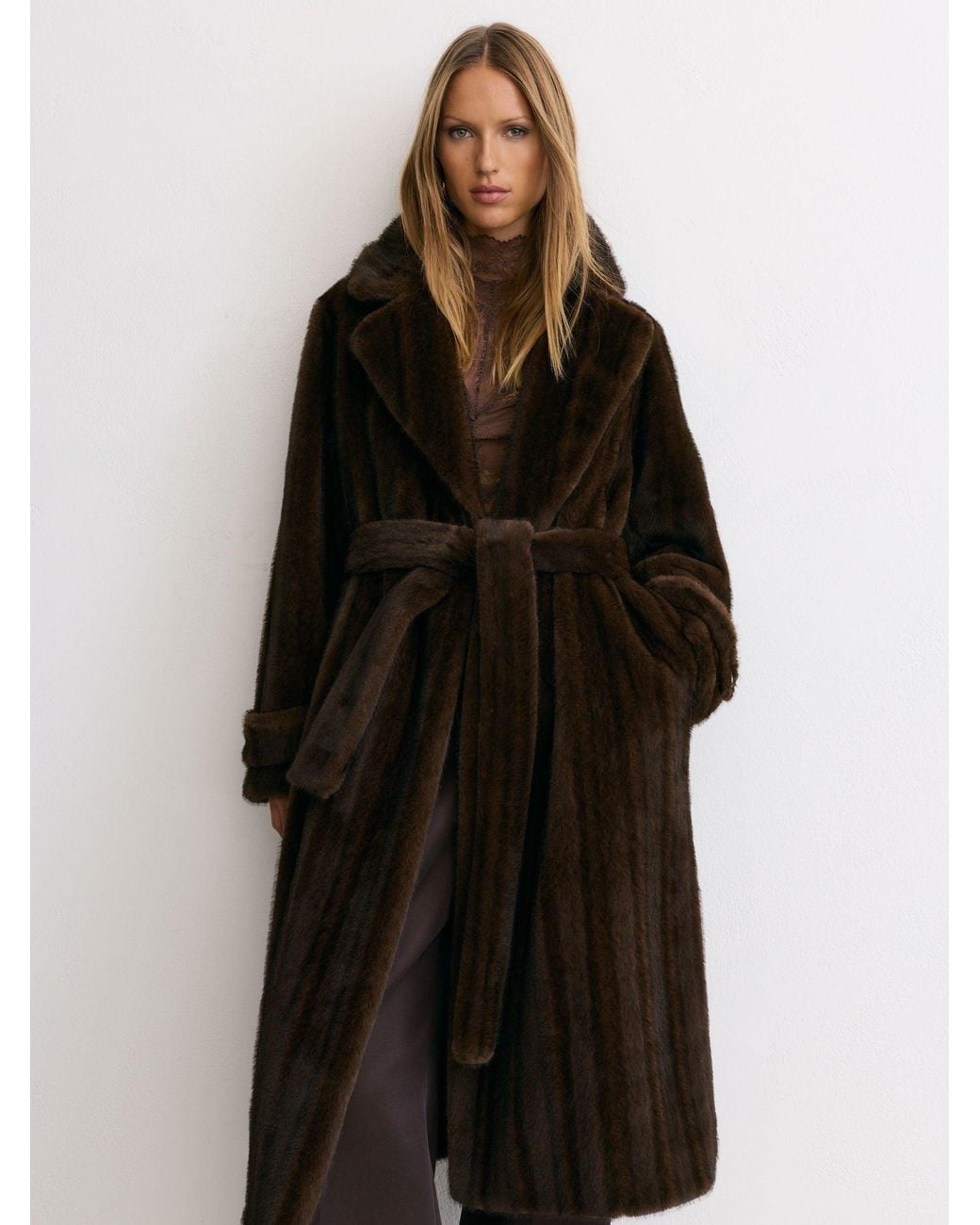 Reiss Black Faux-Fur Double-Breasted Long Coat