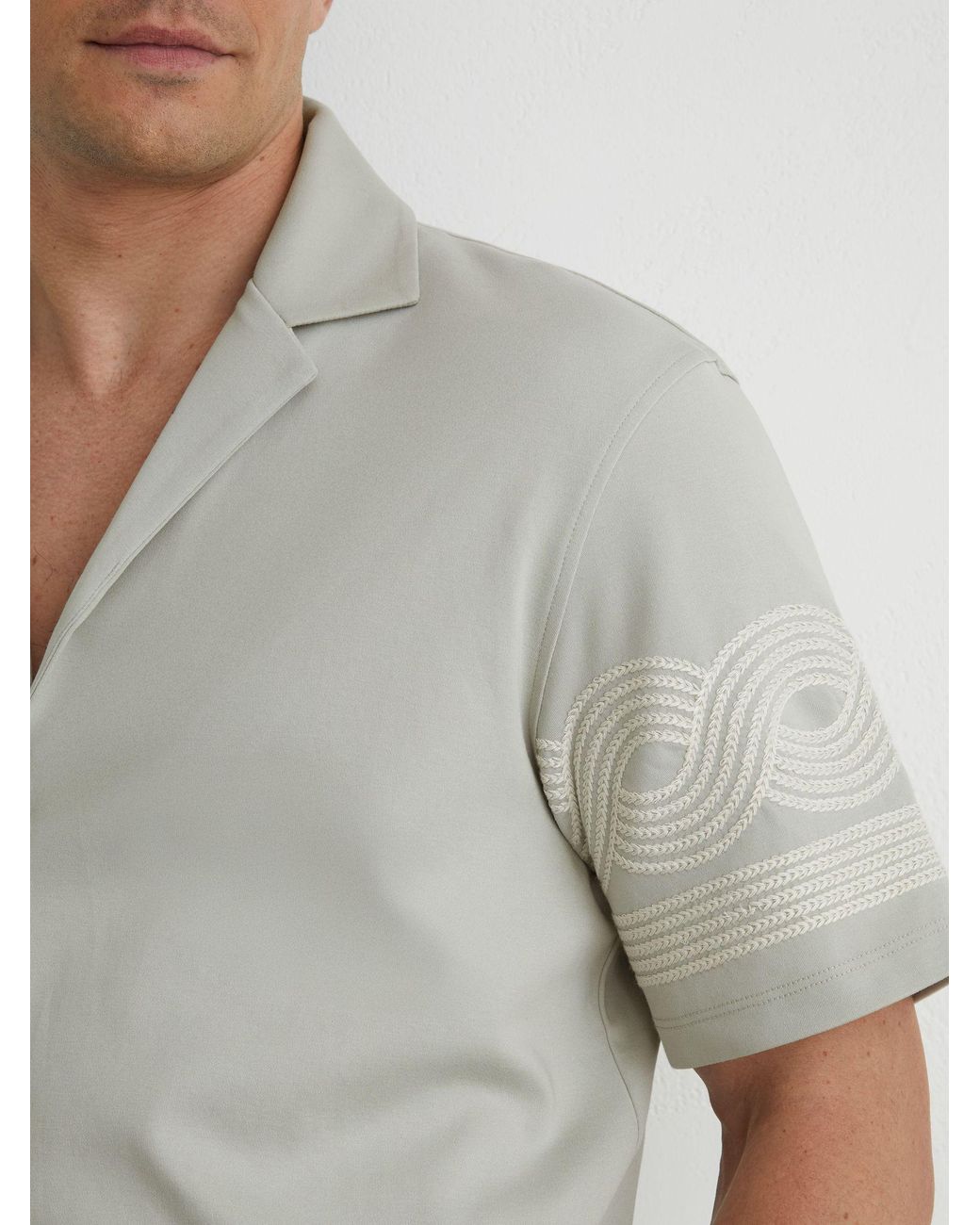 Reiss Gray Arden Cotton-Blend Embroidered Cuban-Collar Shirt for men