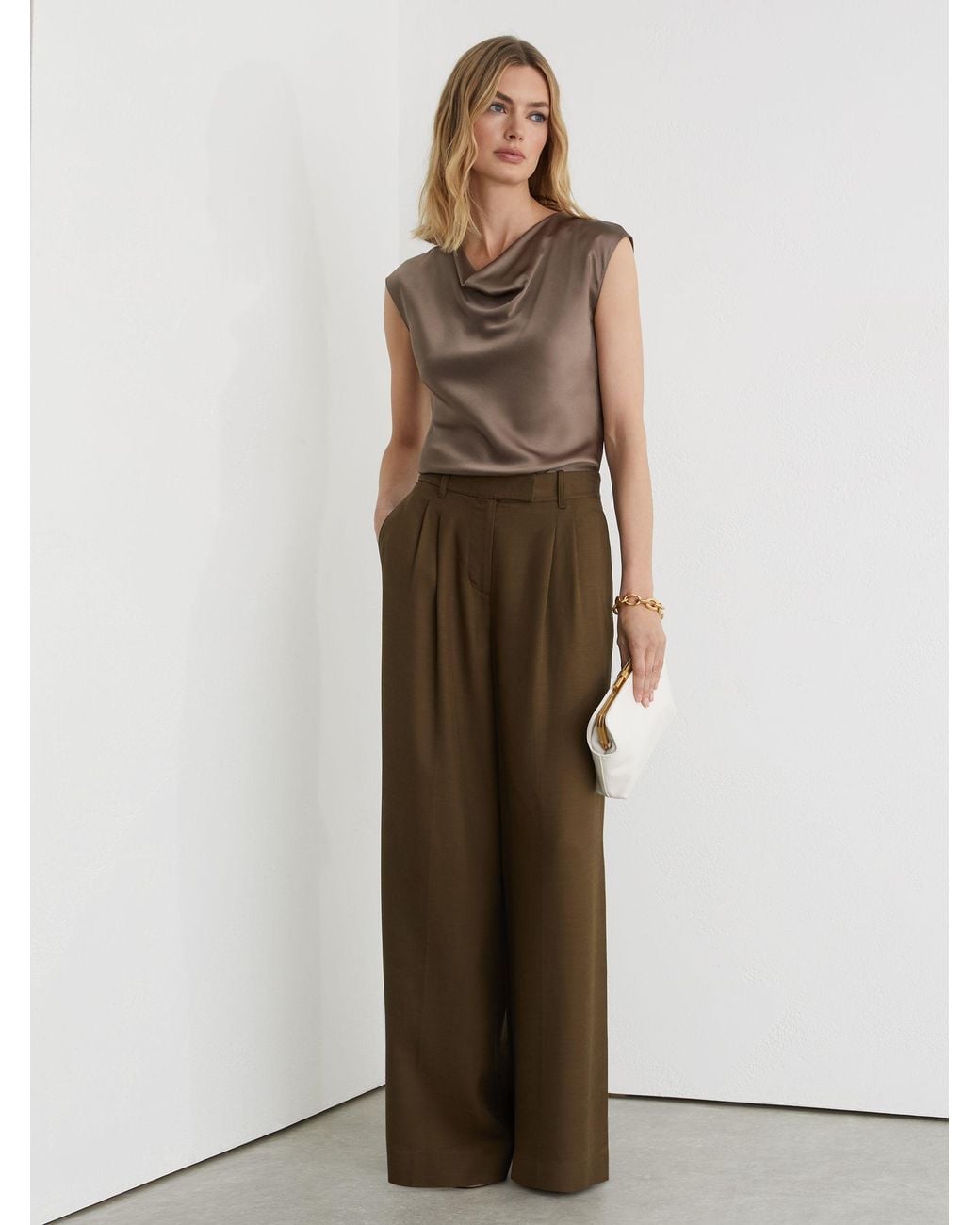 Reiss Brown Silk Cowl-Neck Sleeveless Top