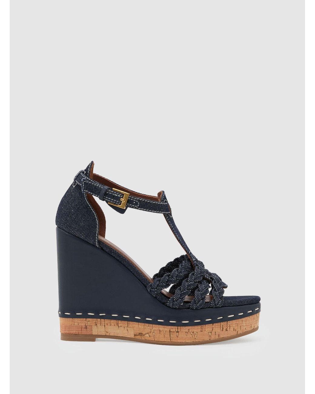 Reiss Blue Denim Plaited-Strap Wedge Sandals