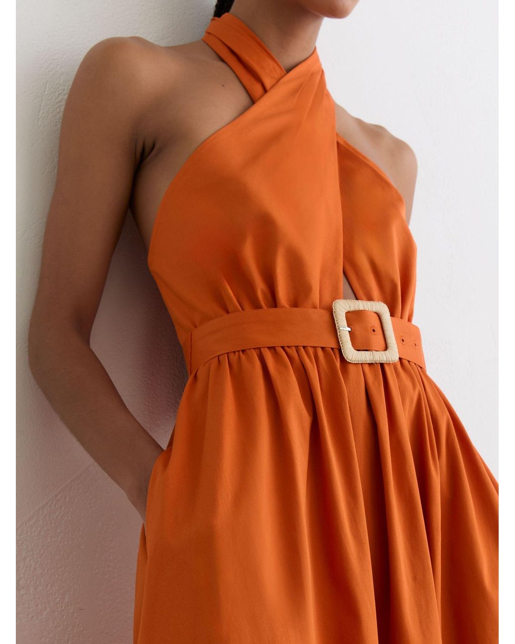 Reiss Rowe - Orange Cotton Halterneck Belted Midi Dress, Us 12