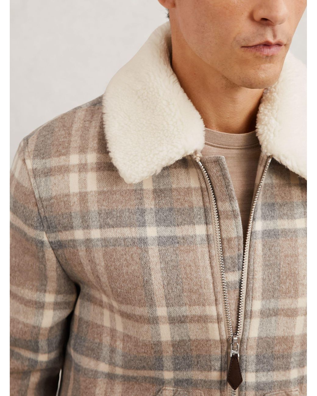 Reiss Natural Wool-Blend Check Fleece-Collar Jacket for men