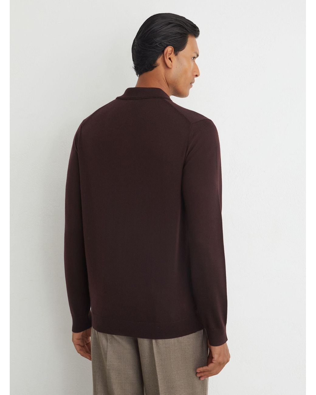 Reiss Brown Merino Wool Long-Sleeve Polo Shirt for men
