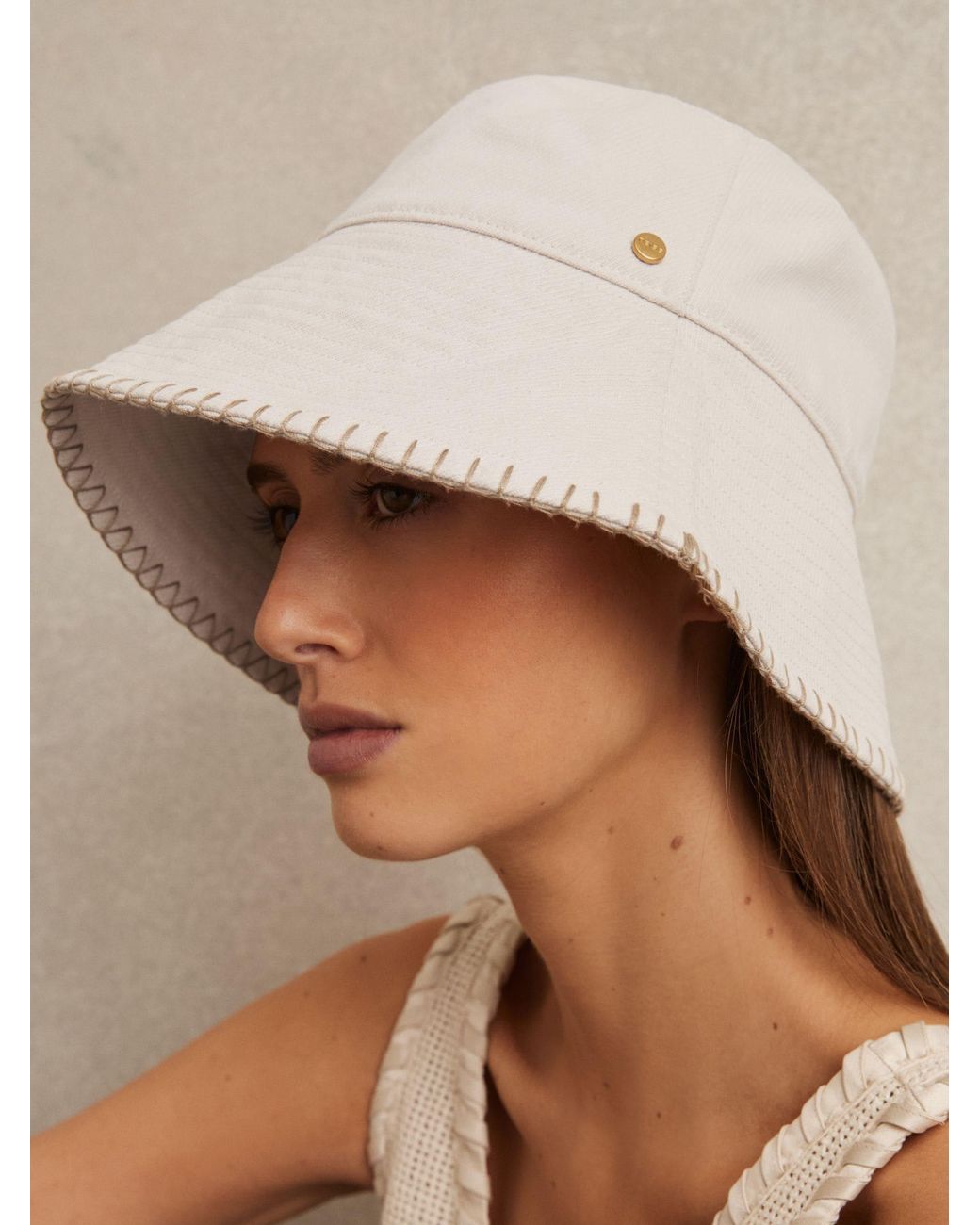 Reiss Natural Off Winnie Cotton Blanket-Stitch Bucket Hat