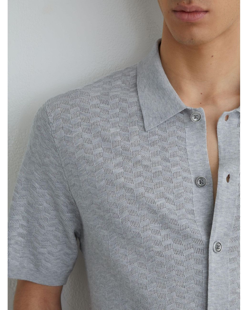 Reiss Gray Textured-Knit Button-Through Shirt for men