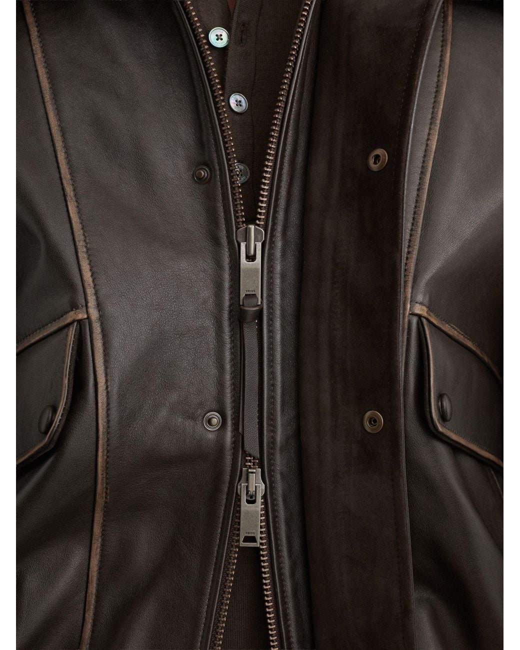 Reiss Blue Leather Shearling-Collar Aviator Jacket for men