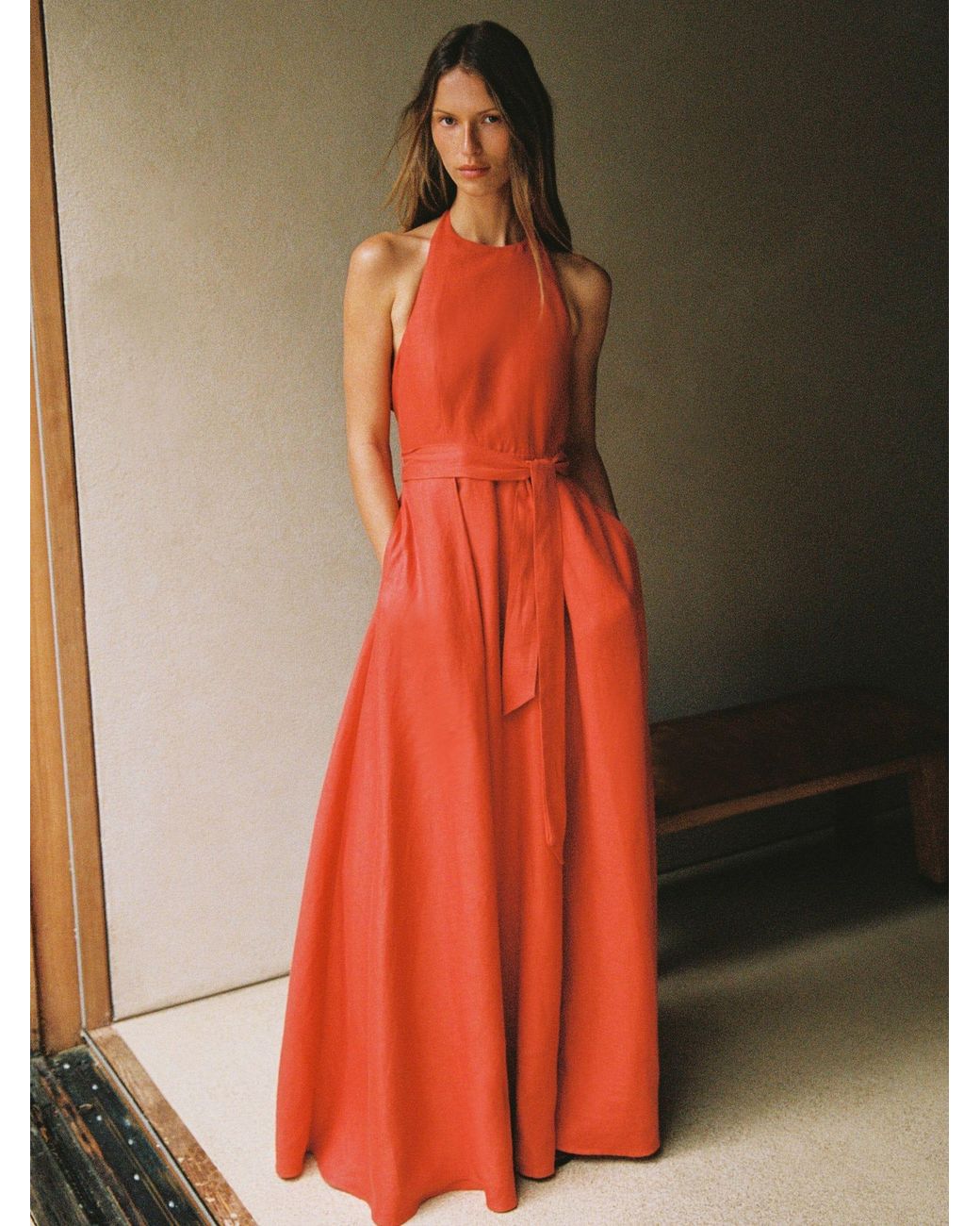 Reiss Orange Paules Coral Linen Open-Back Maxi Dress