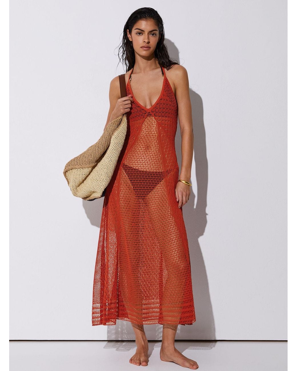 Reiss Red Cotton-Blend Crochet Beach Dress