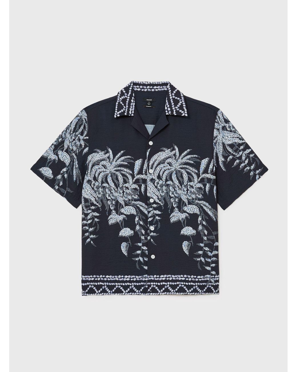 Reiss Blue Palm-Print Cuban-Collar Shirt for men