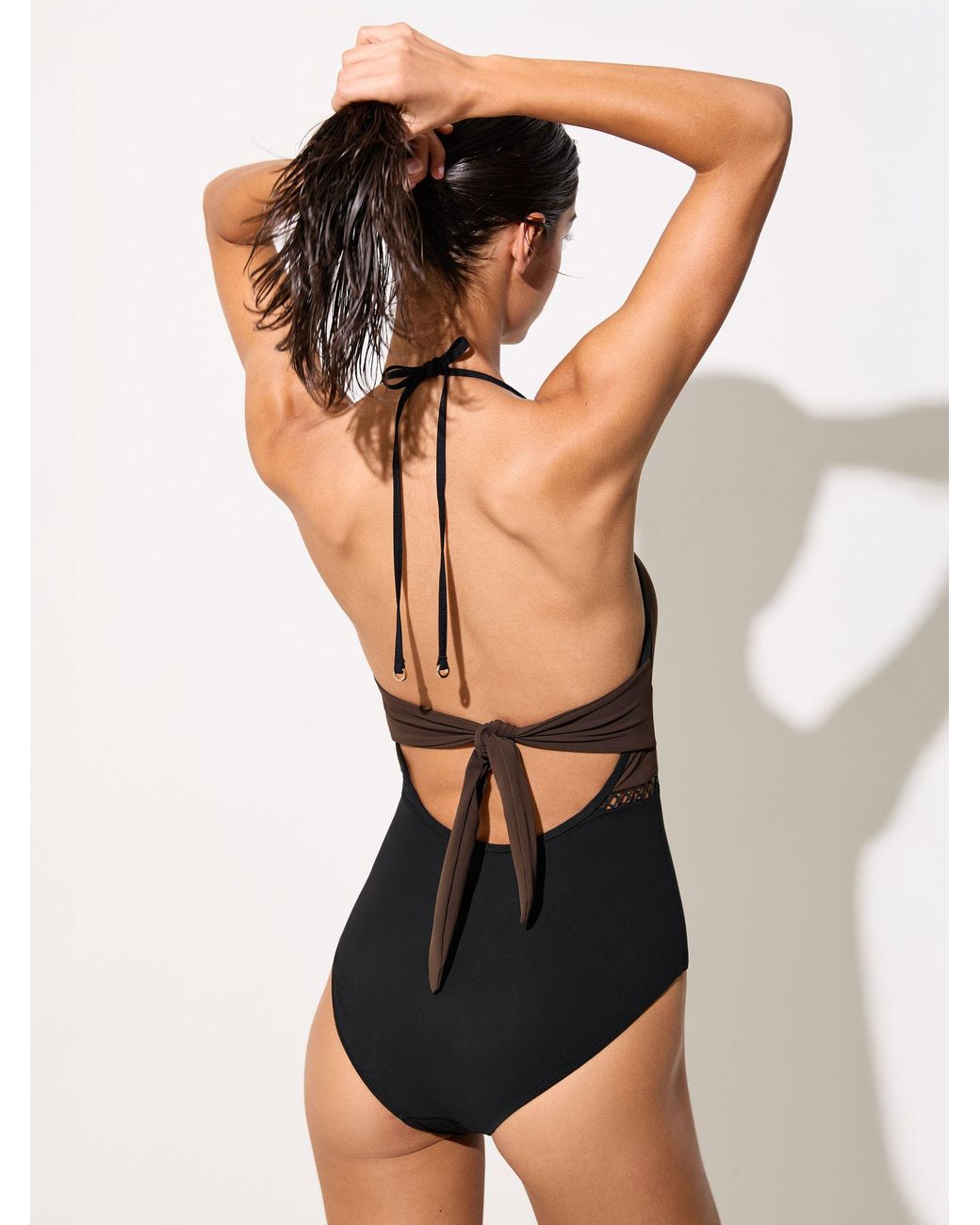 Reiss Black Chocolate & Colour-Block Lattice-Trim Swimsuit