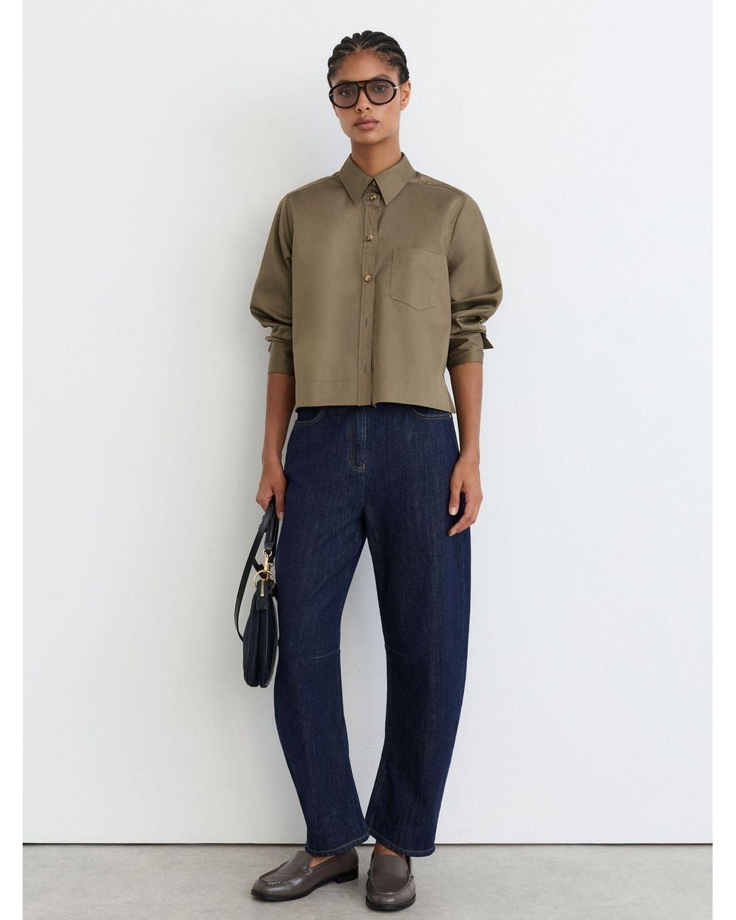 Reiss Green Cotton Cropped Long-Sleeve Shirt