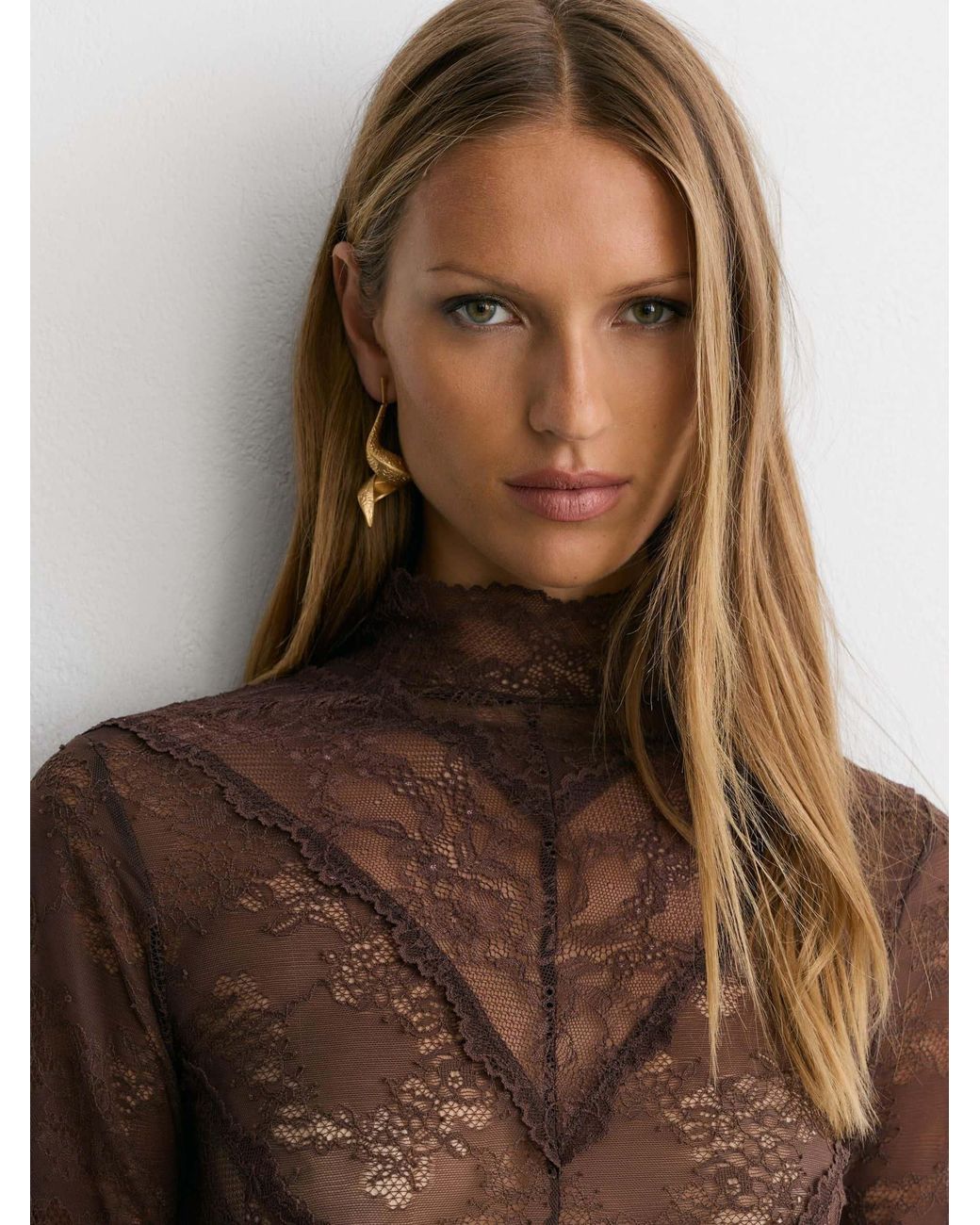 Reiss Brown Lace Long-Sleeve High-Neck Top