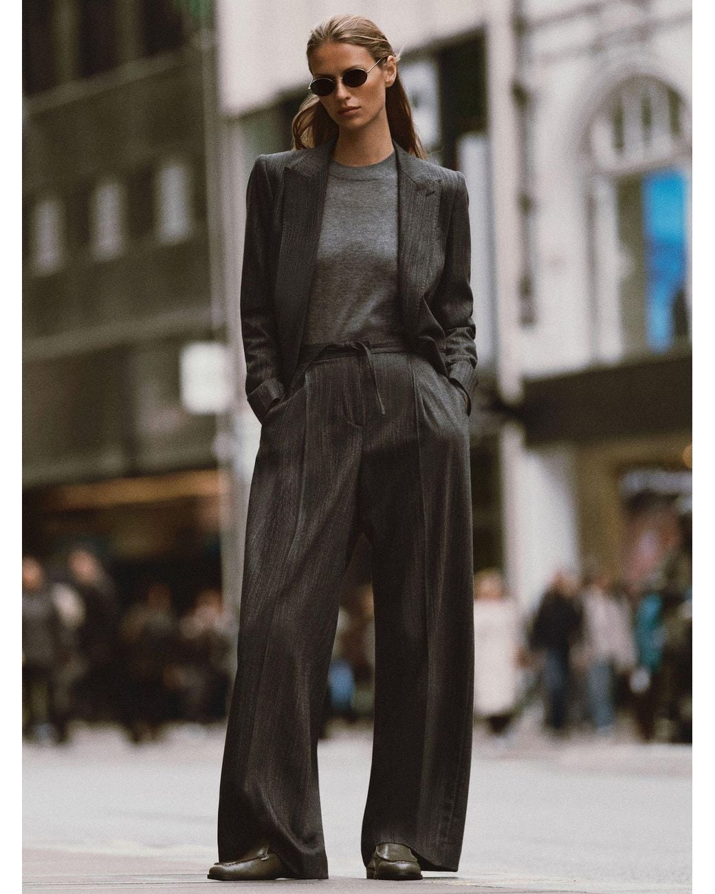 Reiss Gray Wool-Blend Herringbone Wide-Leg Trousers