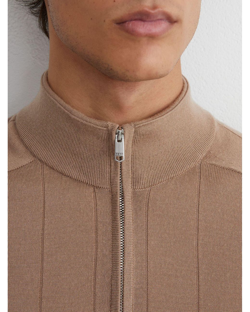Reiss Findlay - Camel Brown Merino Wool Wide-rib Half-zip Jumper, L for men