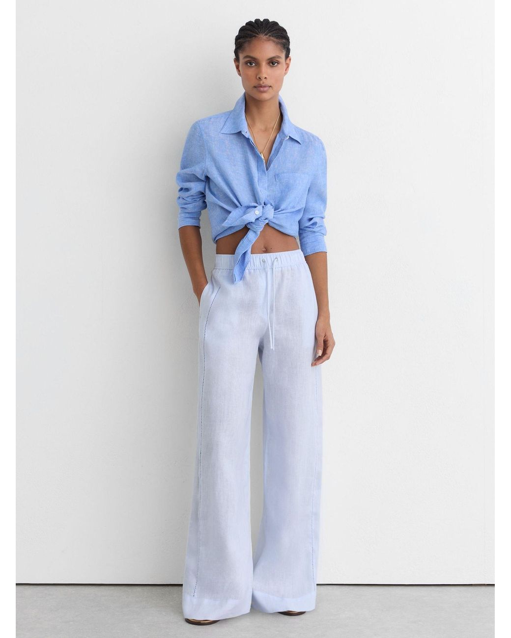 Reiss Riley - Silver Blue Linen Ladder-embroidery Wide-leg Trousers, Us 8 Long