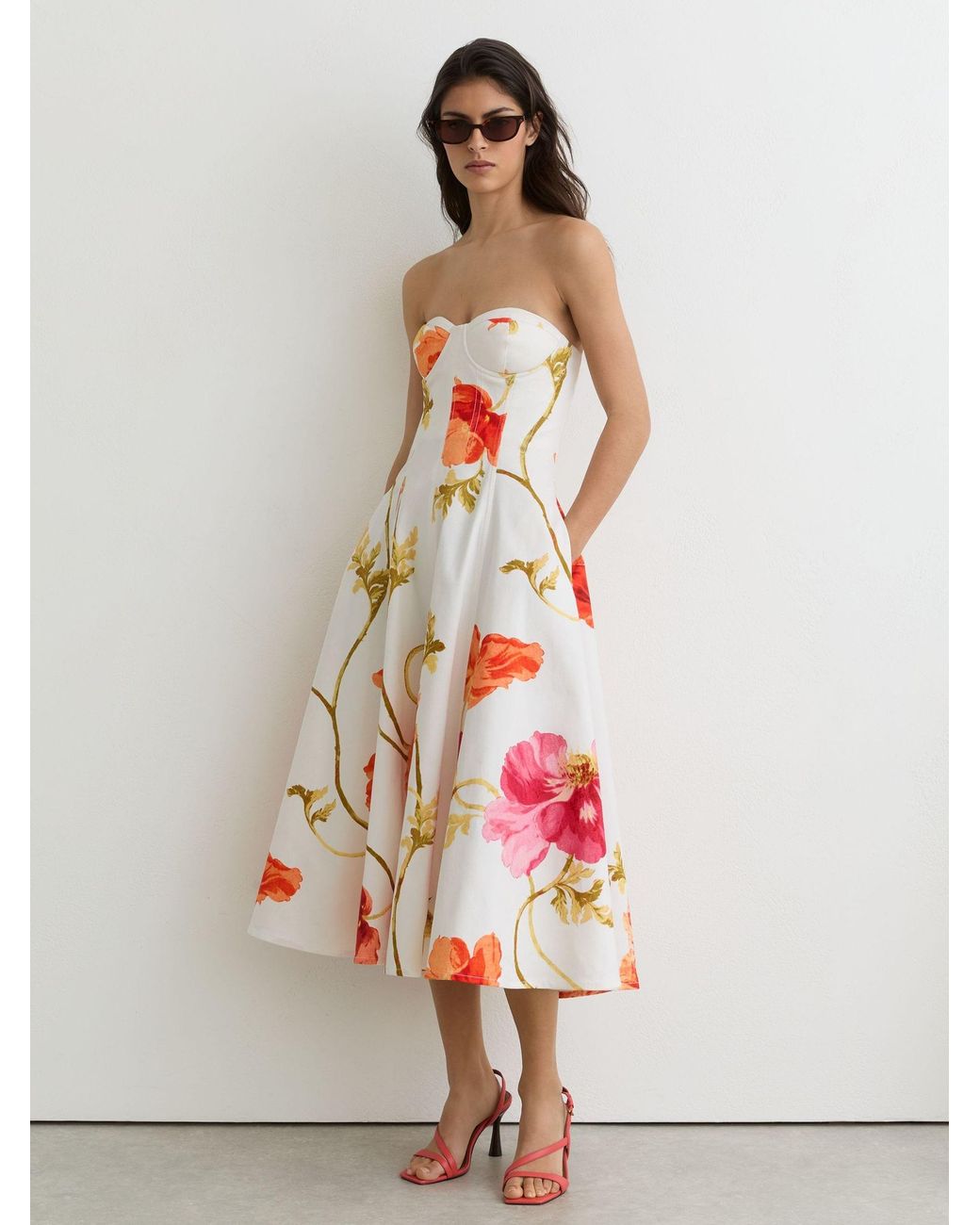 Reiss White Penelope Floral-Print Cotton Midi Dress