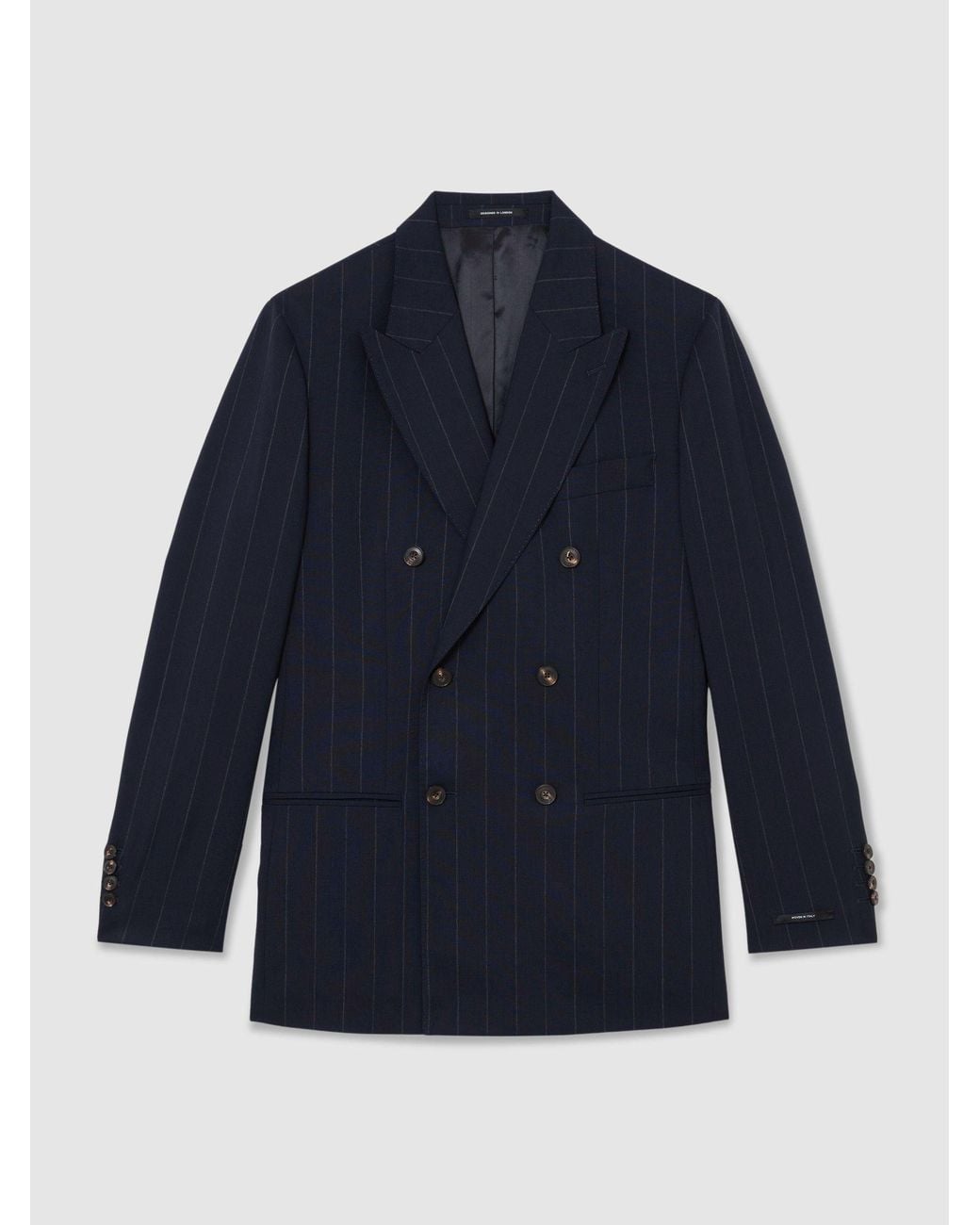 Reiss Blue Virgin Wool Pinstripe Double-Breasted Suit Blazer Tailored-Fit for men
