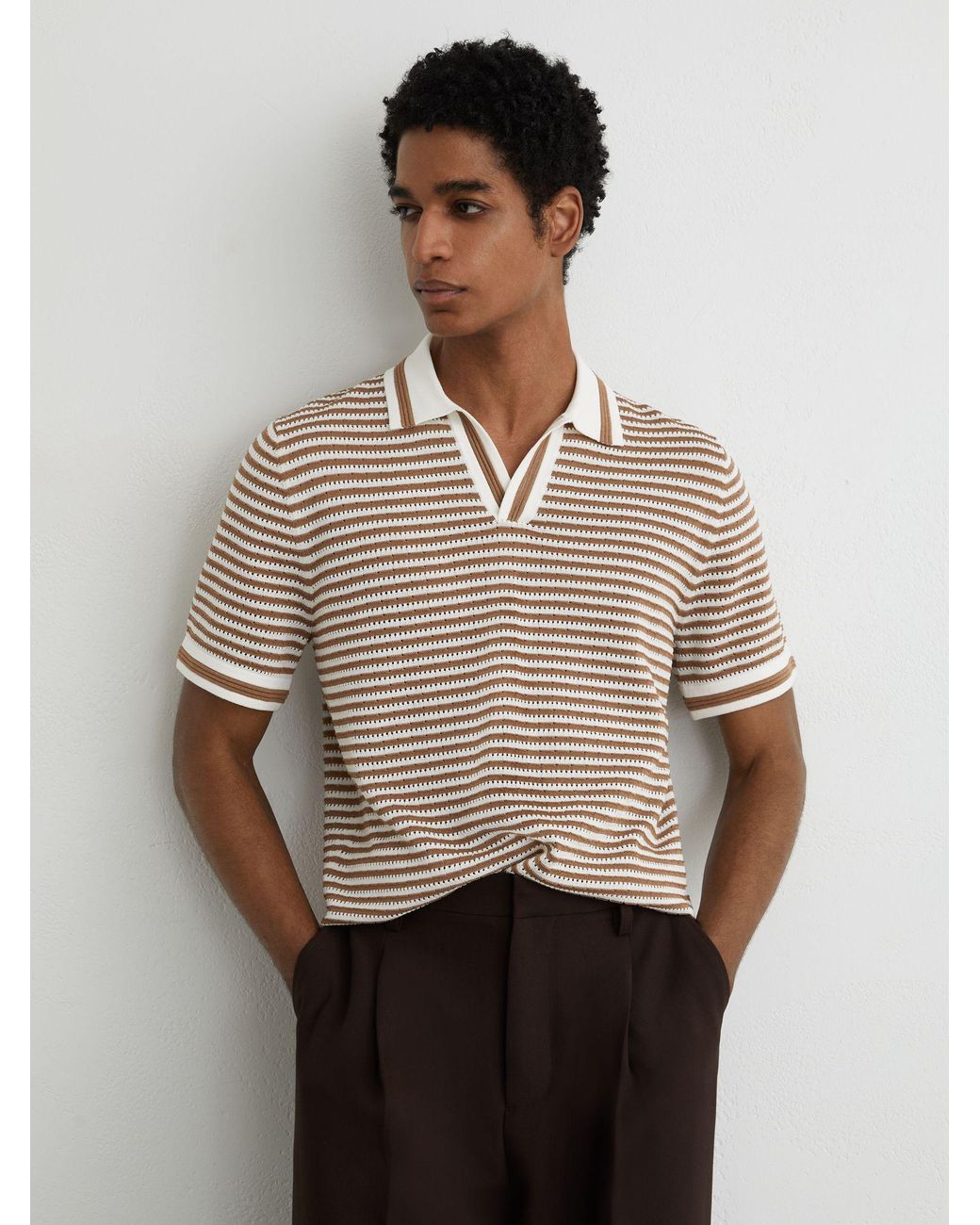 Reiss Gray Camel & Off Stripe Knit Open-Collar Polo Shirt With Linen for men