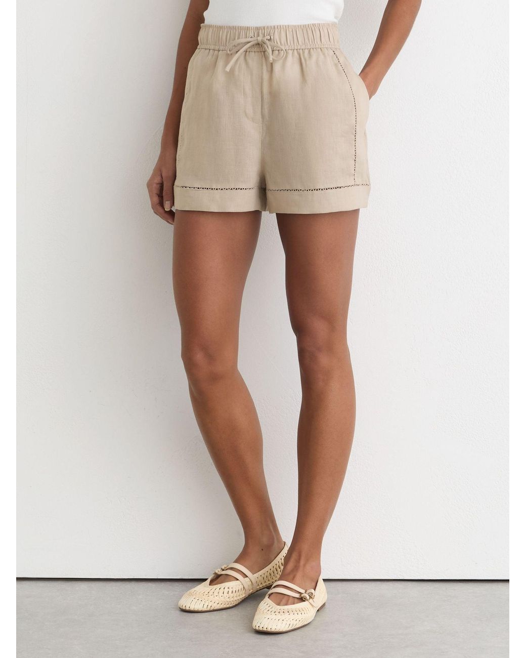 Reiss Natural Riley - Neutral Linen Ladder-embroidery Shorts, Us 4