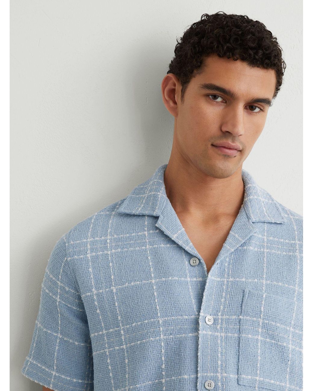 Reiss Blue Soft & Textured Check Cuban-Collar Shirt With Cotton for men
