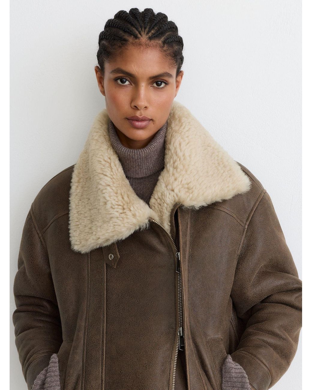 Reiss Brown Shearling Aviator Jacket