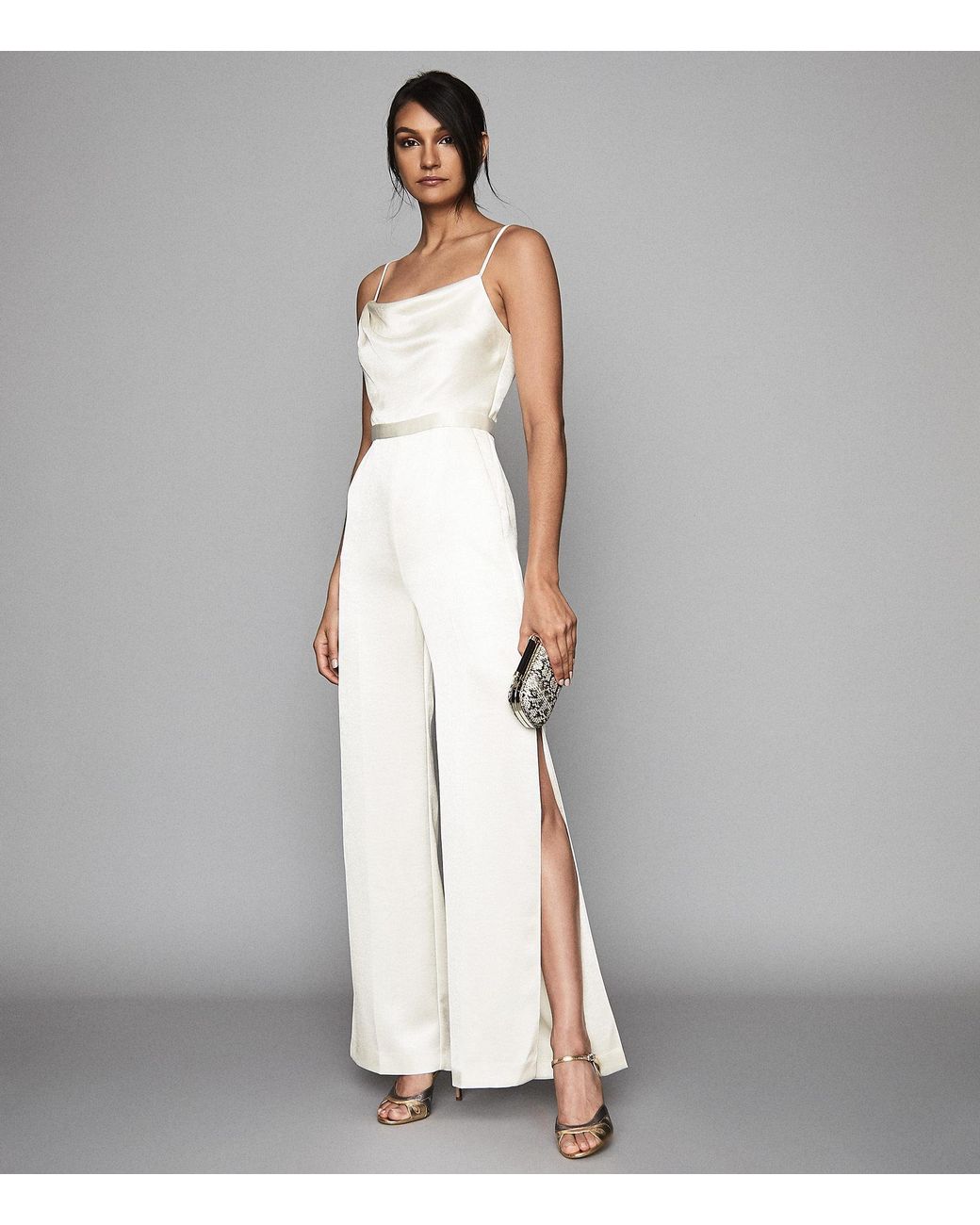 Reiss Satin Cowl Neck Jumpsuit in White | Lyst