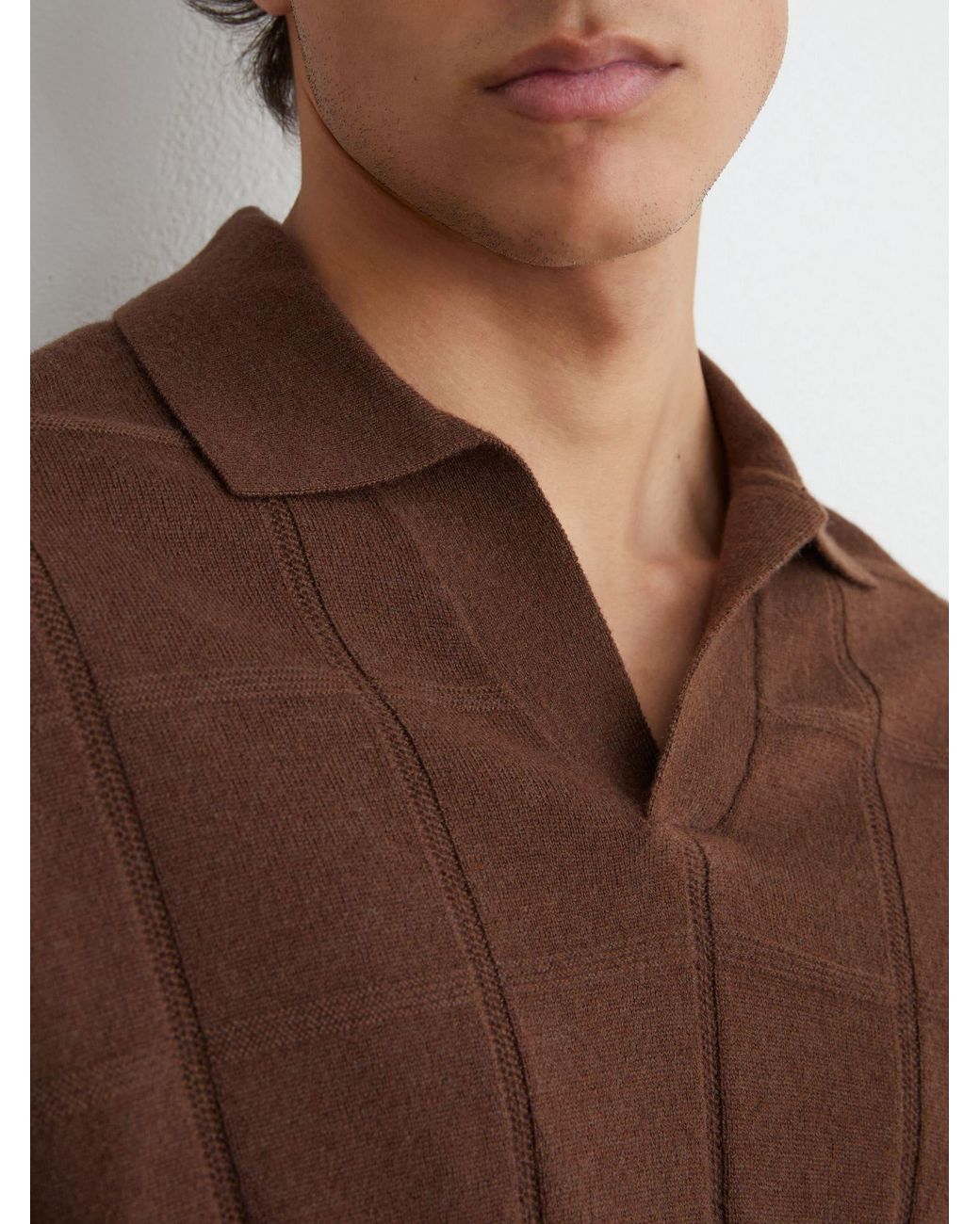 Reiss Brown Wool Square-Textured Open-Collar Polo Jumper for men