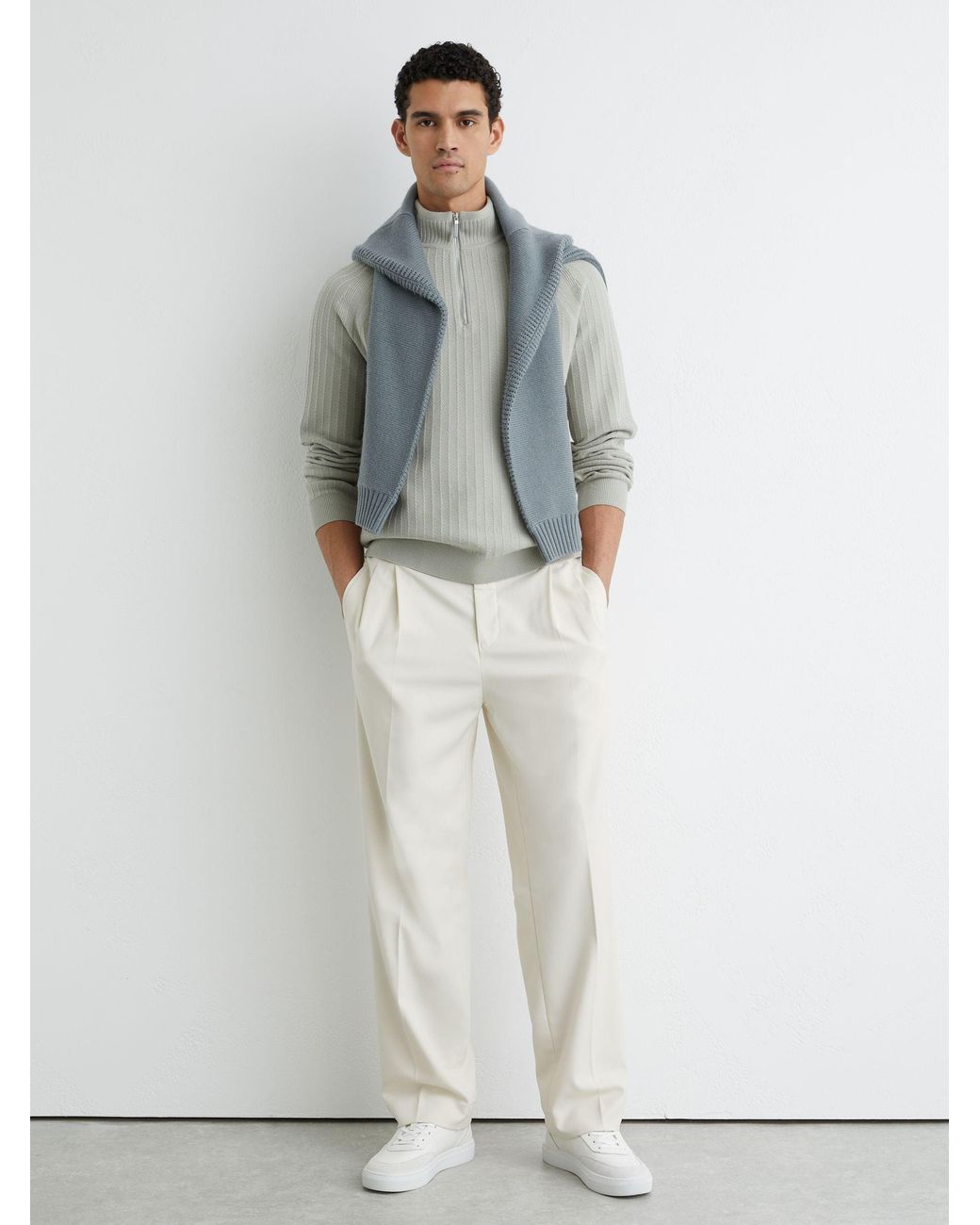 Reiss Gray Textured-Knit Half-Zip Jumper With Wool for men