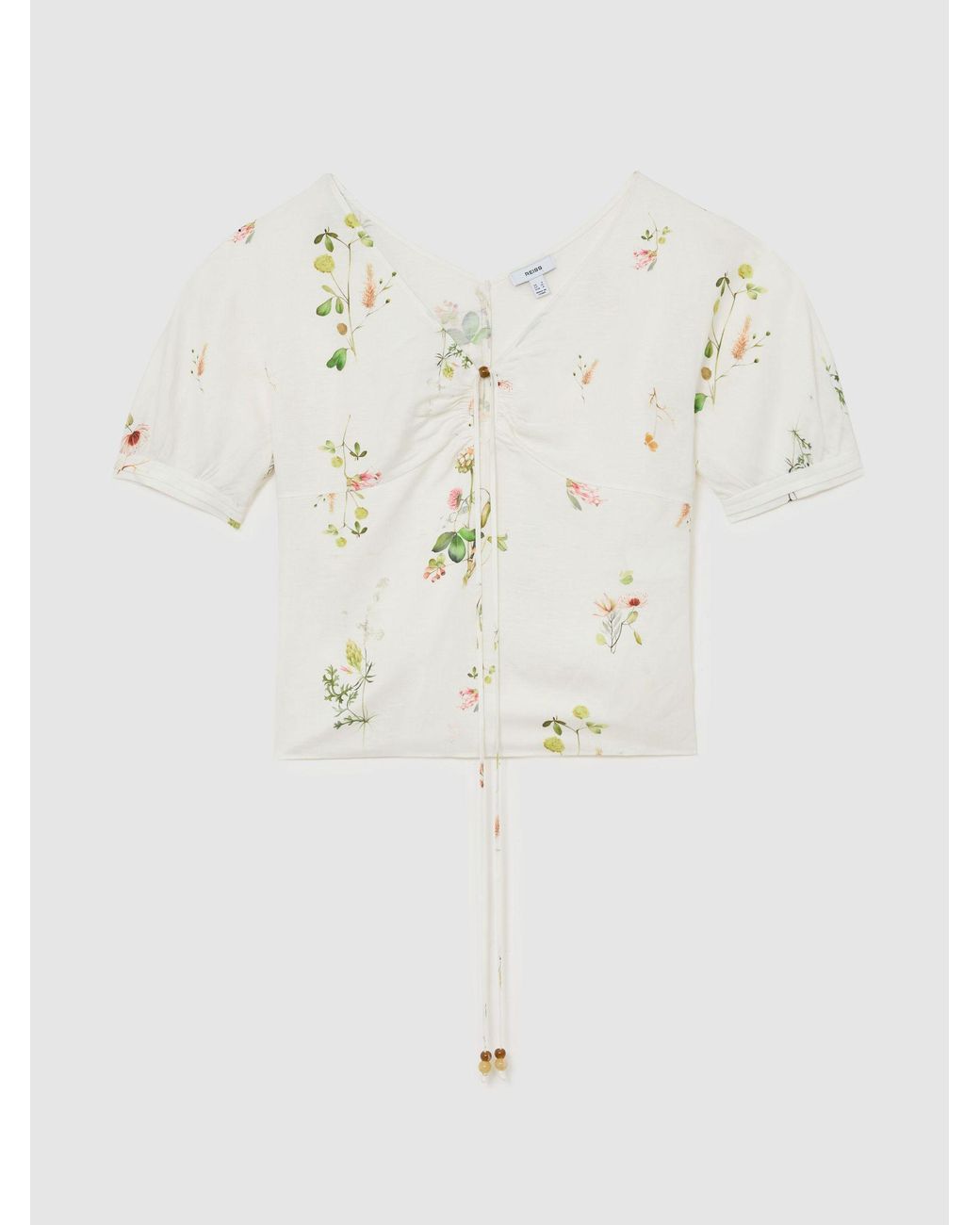 Reiss White Linen-Blend Floral-Print Top